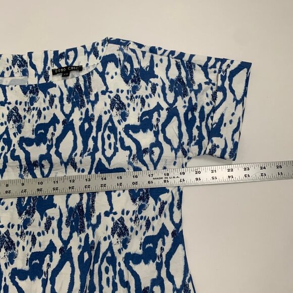 Boho Chic XS Blue & White Patterned Short Sleeve Top Button Back Boxy - Picture 6 of 7